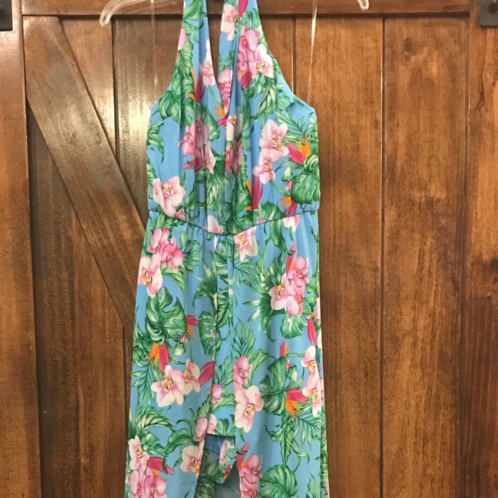 FLORAL TROPICAL FLOWER PALM HALTER MIDI DRESS